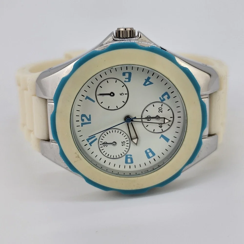 Unisex Analog Watch 40MM White Dial Cream Plastic Bands New Battery‎